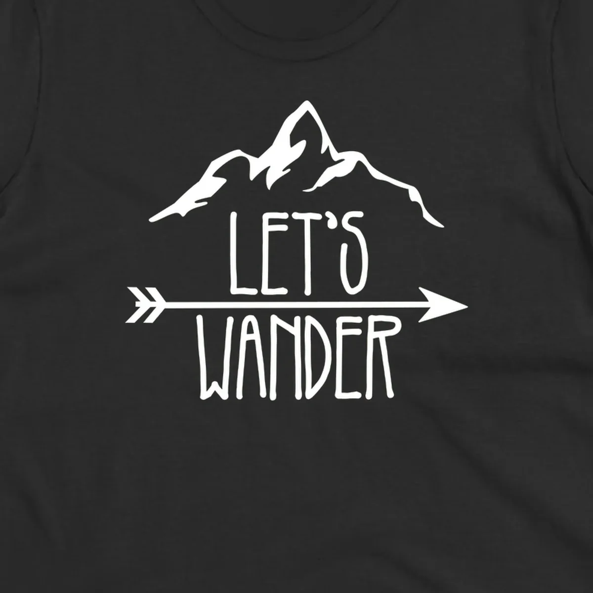 White mountain peaks with 'Let's Go Wander' text and directional arrow on gray background, minimalist camping design