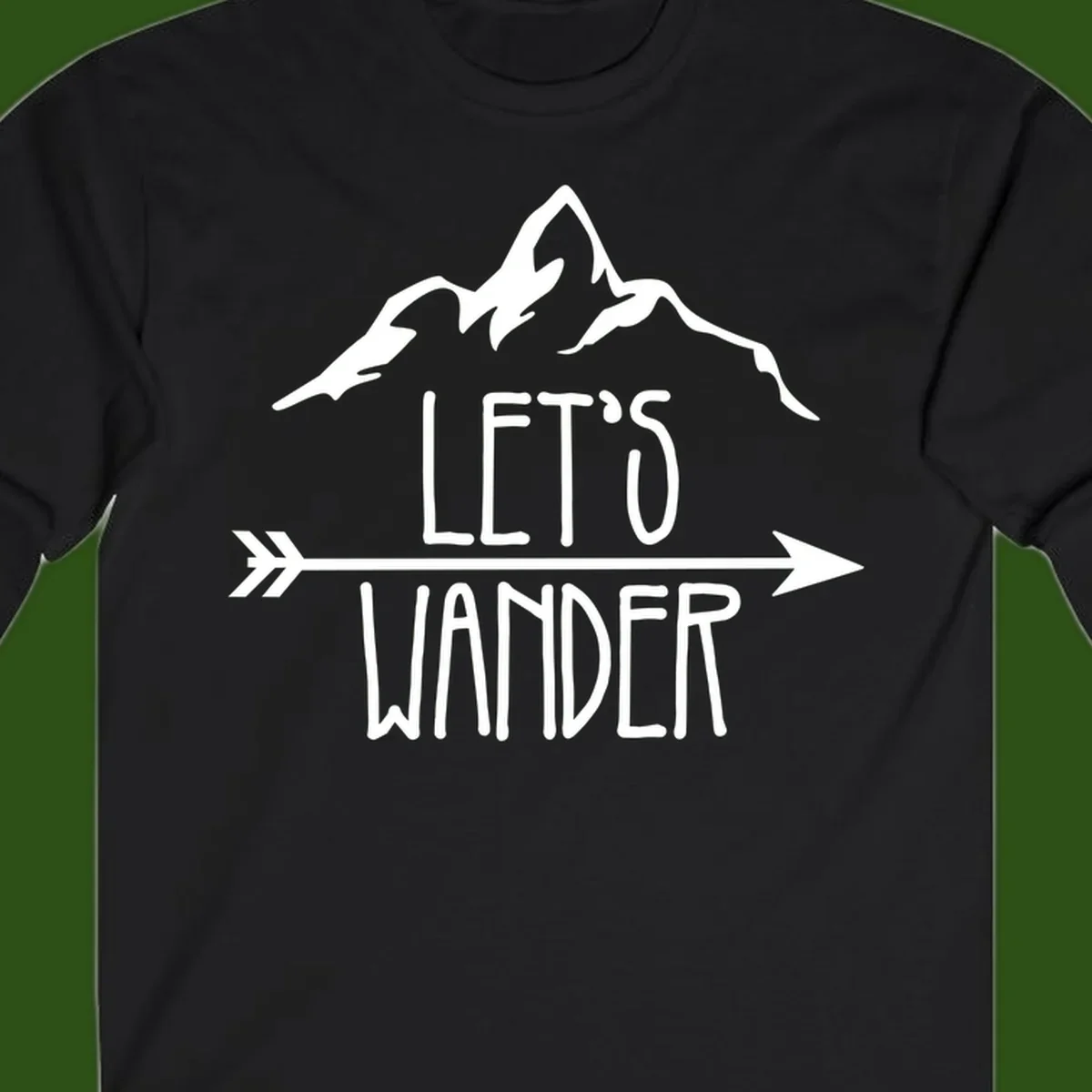 White mountain peaks with 'Let's Go Wander' text and directional arrow on gray background, minimalist camping design
