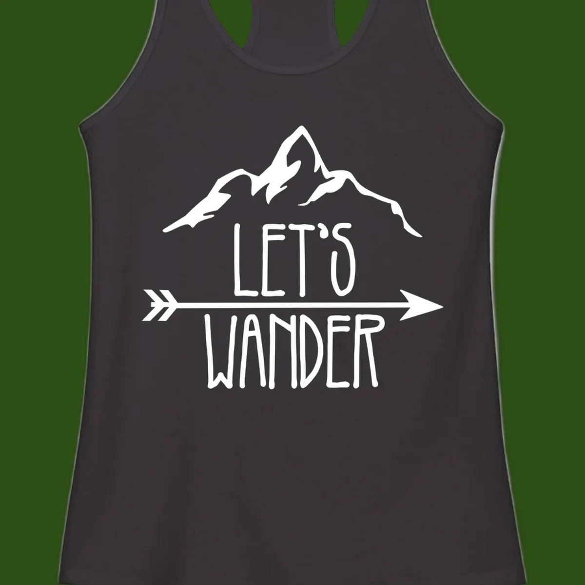 White mountain peaks with 'Let's Go Wander' text and directional arrow on gray background, minimalist camping design