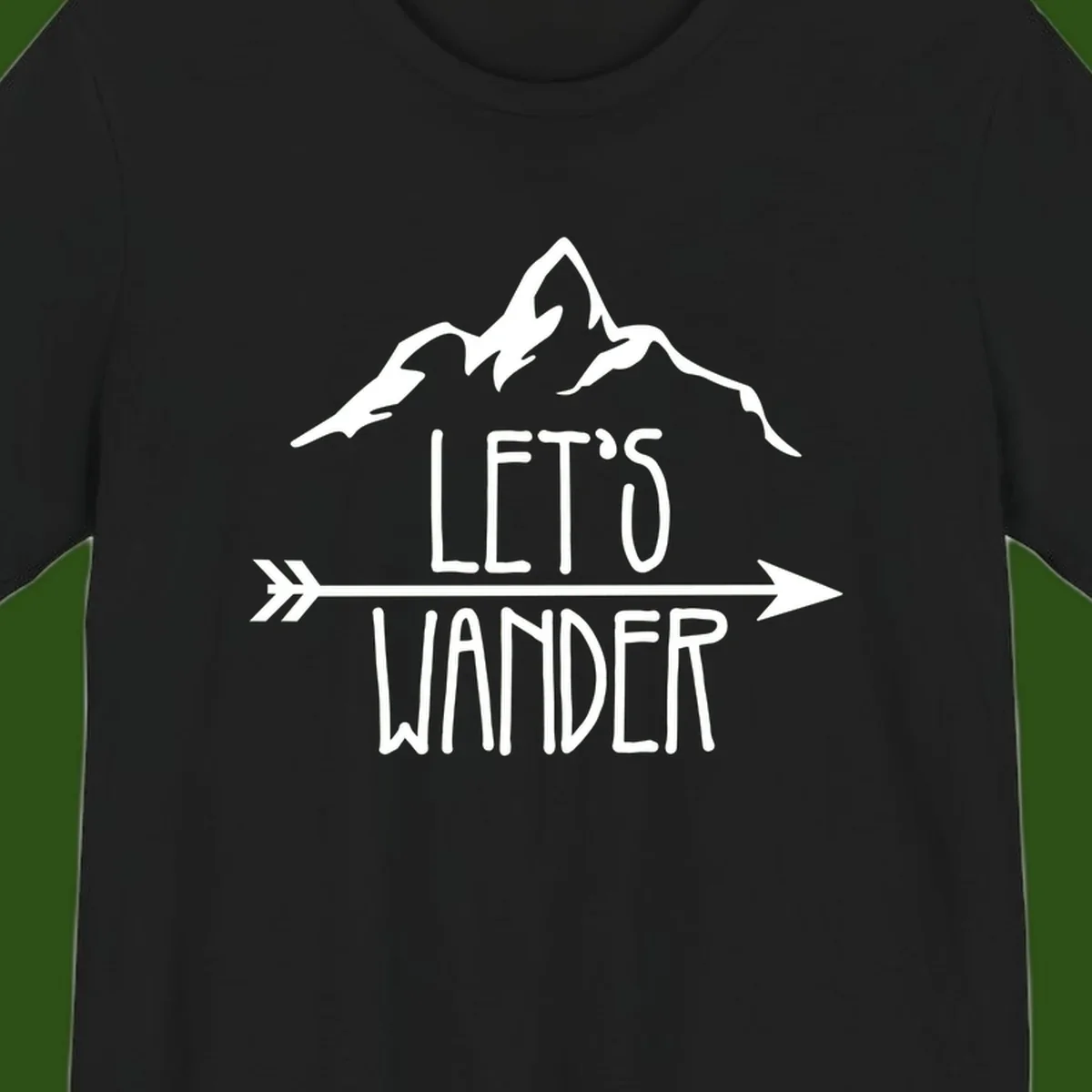 White mountain peaks with 'Let's Go Wander' text and directional arrow on gray background, minimalist camping design