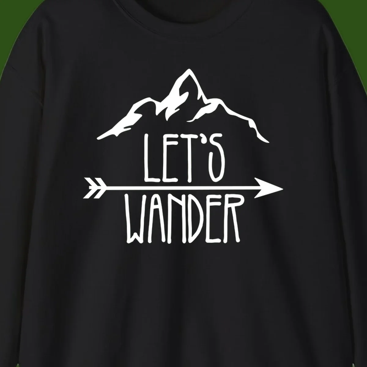White mountain peaks with 'Let's Go Wander' text and directional arrow on gray background, minimalist camping design