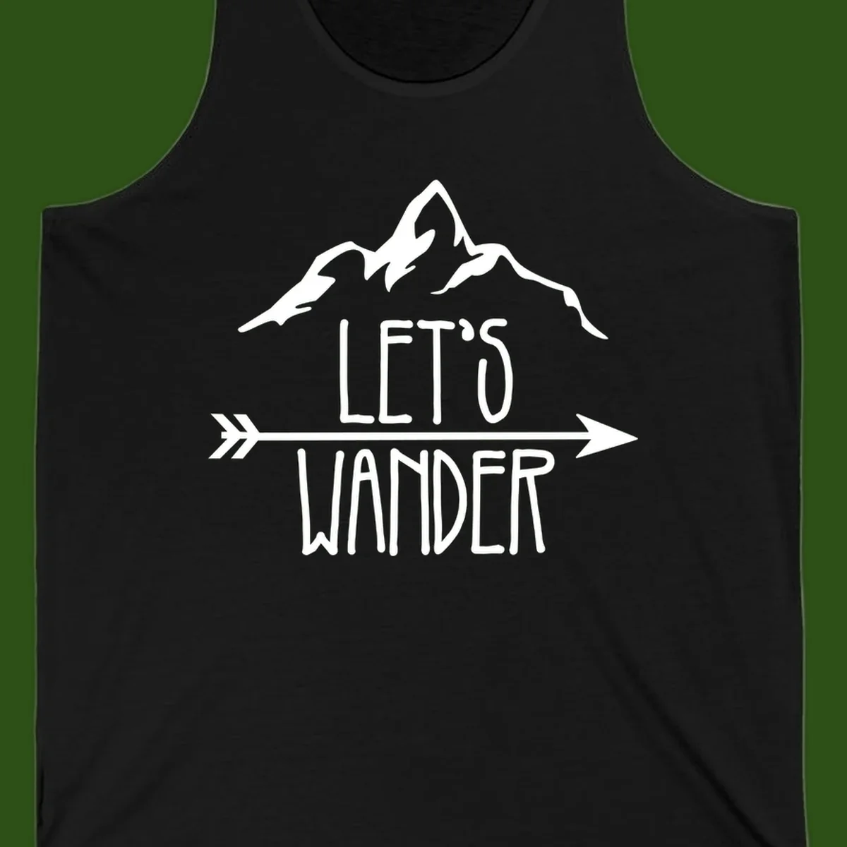 White mountain peaks with 'Let's Go Wander' text and directional arrow on gray background, minimalist camping design