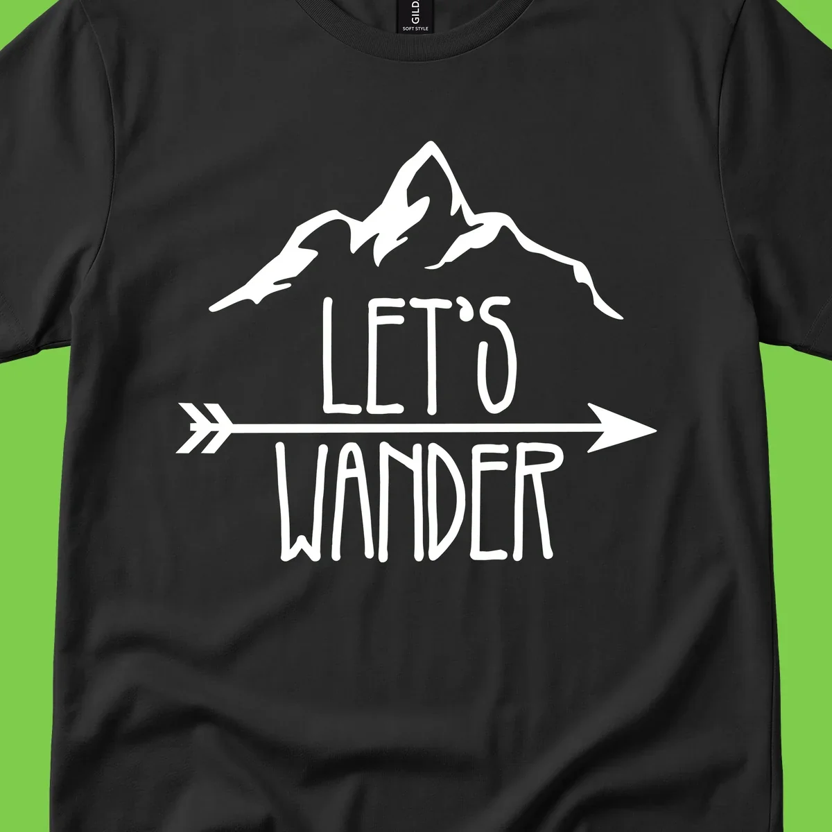 White mountain peaks with 'Let's Go Wander' text and directional arrow on gray background, minimalist camping design