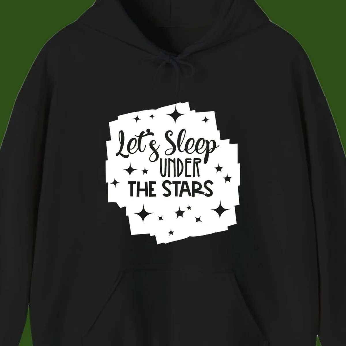 Whimsical design with 'Let's Sleep Under The Stars' text surrounded by sparkles and stars, evoking a cozy camping night.