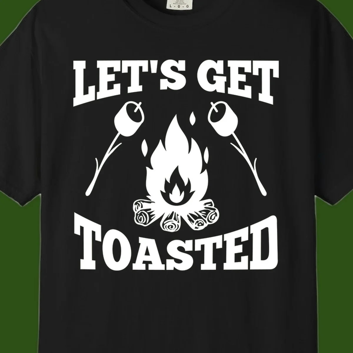 Campfire illustration with roasting sticks and marshmallows, text reads 'Let's Get Toasted'