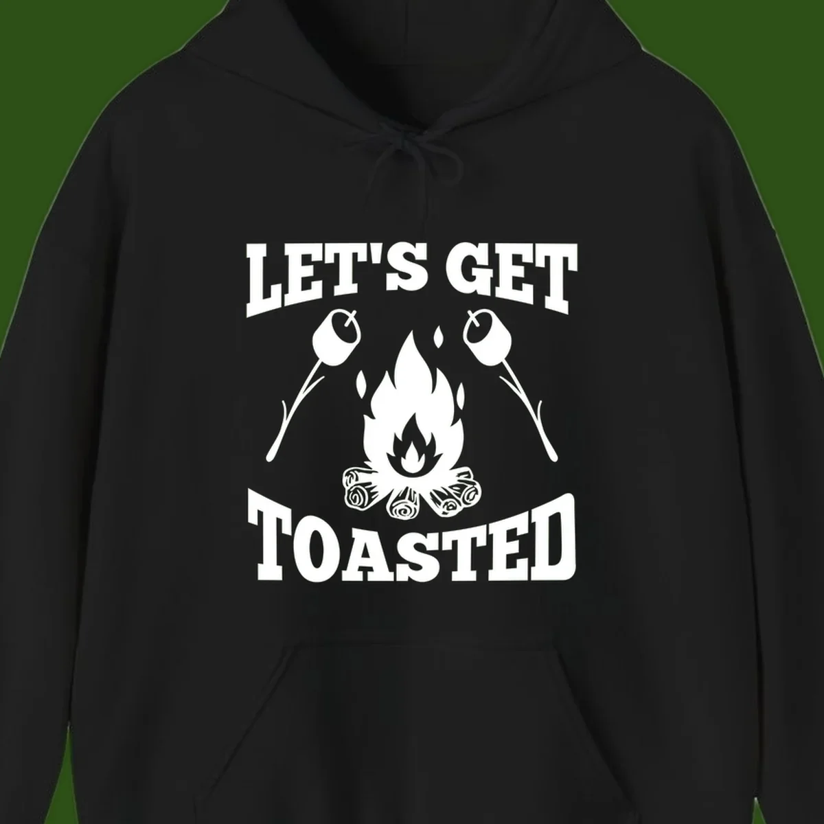 Campfire illustration with roasting sticks and marshmallows, text reads 'Let's Get Toasted'