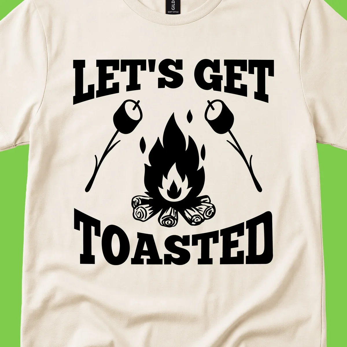 Campfire illustration with roasting sticks and marshmallows, text reads 'Let's Get Toasted'