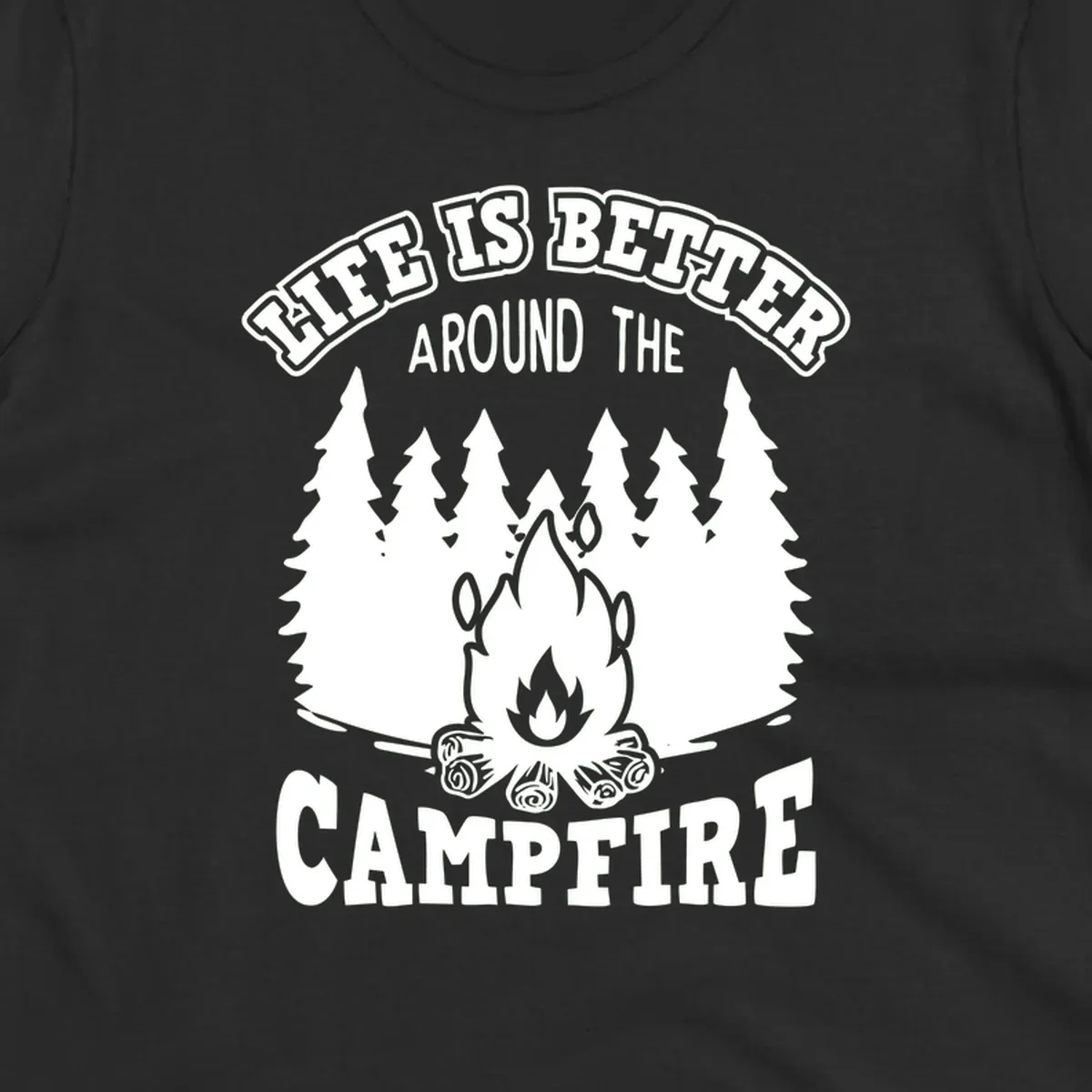 Campfire illustration surrounded by evergreen trees with text reading 'Life Is Better Around The Campfire' for camping enthusiasts