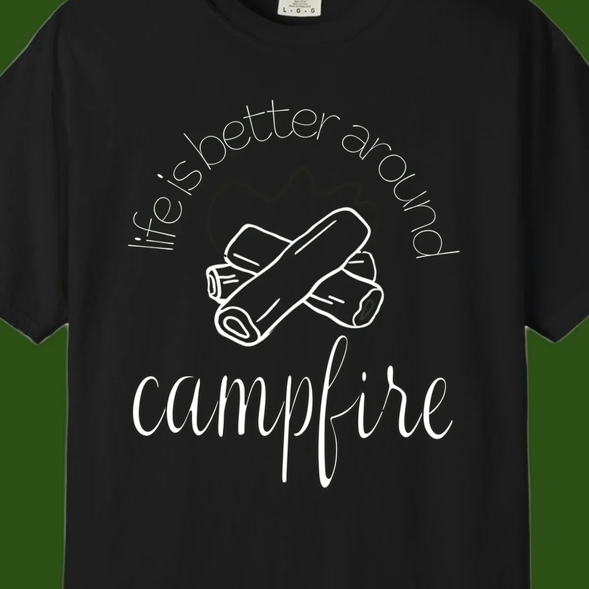Line art illustration of rolled sleeping bags over campfire logs with circular text reading 'is boetter dry campfire' - a camping pun design.