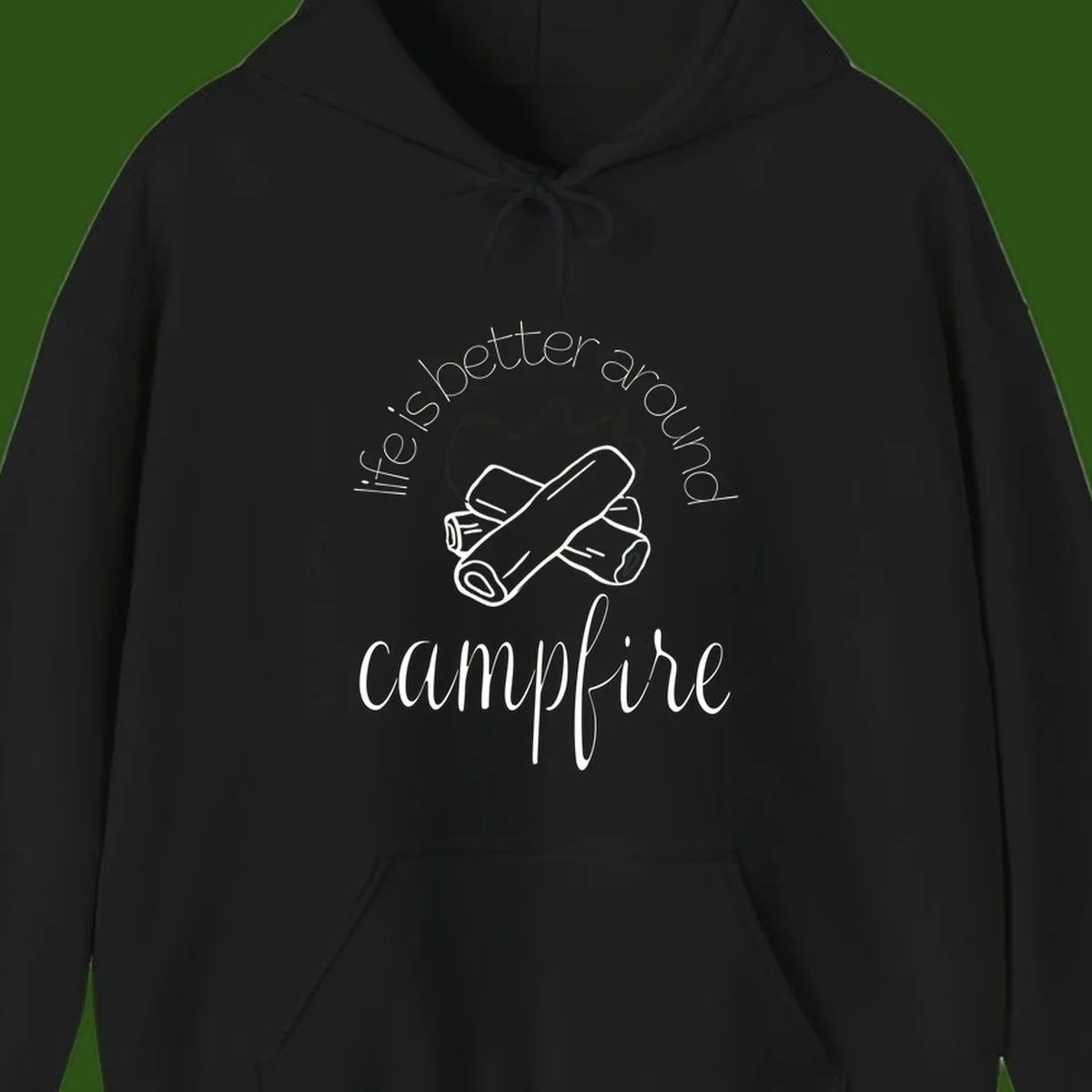Line art illustration of rolled sleeping bags over campfire logs with circular text reading 'is boetter dry campfire' - a camping pun design.