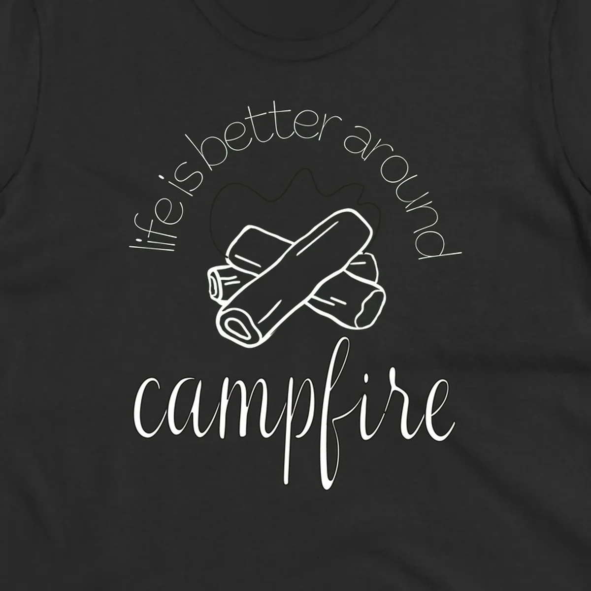 Line art illustration of rolled sleeping bags over campfire logs with circular text reading 'is boetter dry campfire' - a camping pun design.