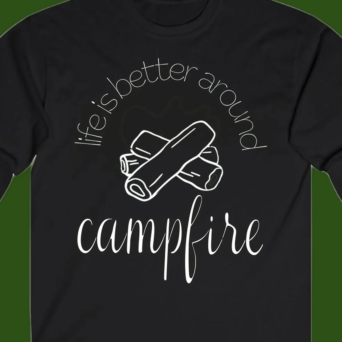 Line art illustration of rolled sleeping bags over campfire logs with circular text reading 'is boetter dry campfire' - a camping pun design.
