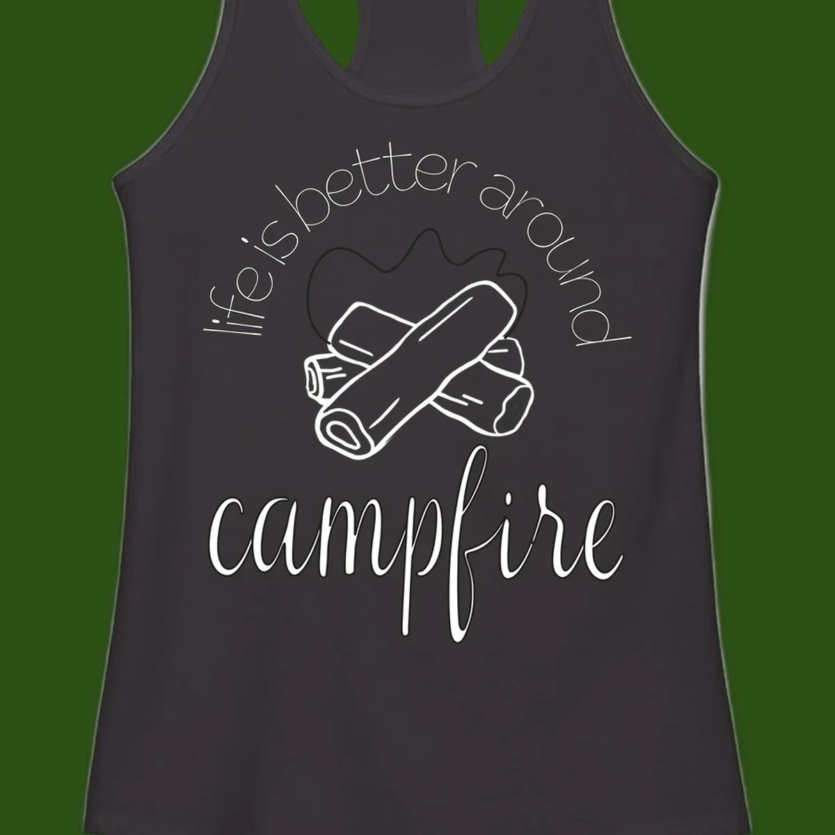 Line art illustration of rolled sleeping bags over campfire logs with circular text reading 'is boetter dry campfire' - a camping pun design.