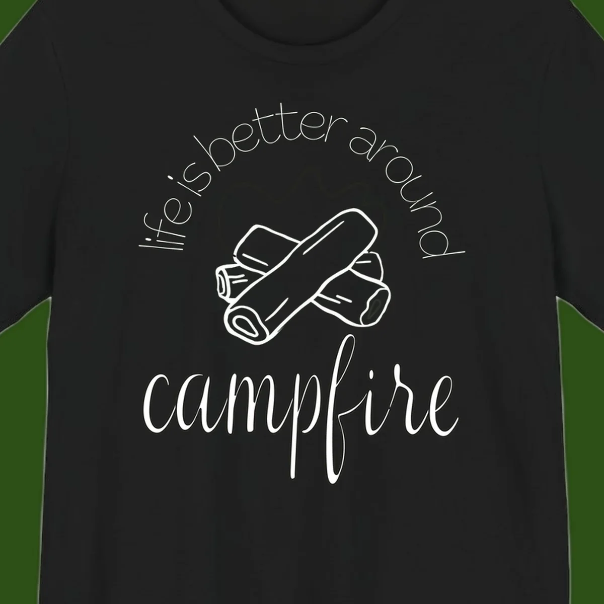 Line art illustration of rolled sleeping bags over campfire logs with circular text reading 'is boetter dry campfire' - a camping pun design.