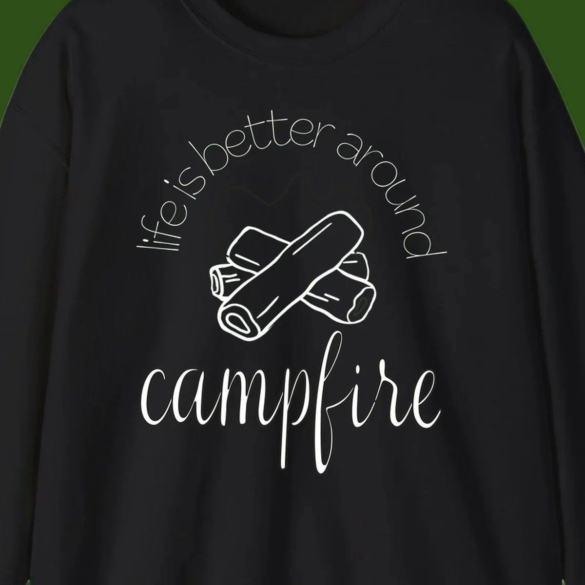 Line art illustration of rolled sleeping bags over campfire logs with circular text reading 'is boetter dry campfire' - a camping pun design.