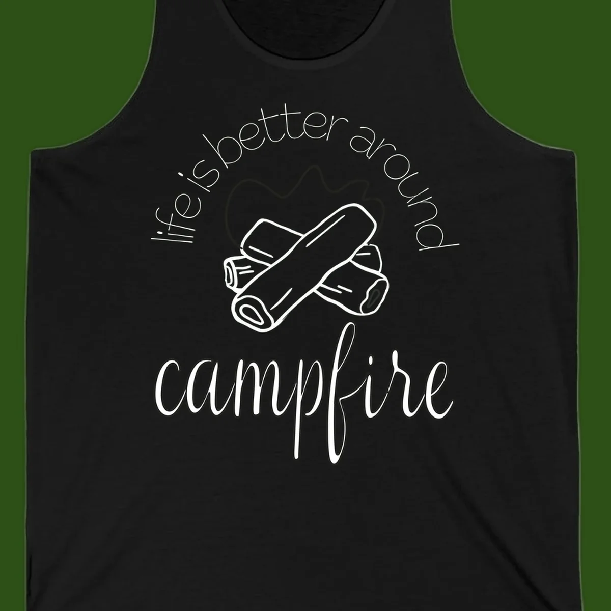 Line art illustration of rolled sleeping bags over campfire logs with circular text reading 'is boetter dry campfire' - a camping pun design.