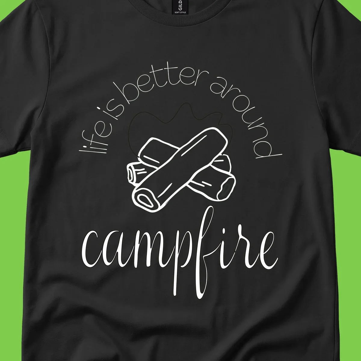 Line art illustration of rolled sleeping bags over campfire logs with circular text reading 'is boetter dry campfire' - a camping pun design.