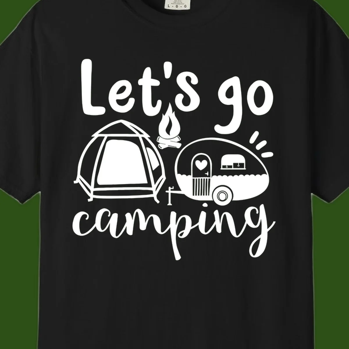 White illustration of a tent, campfire, and vintage trailer with 'Let's go camping' text on gray background