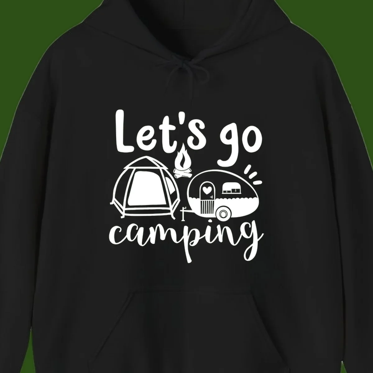 White illustration of a tent, campfire, and vintage trailer with 'Let's go camping' text on gray background