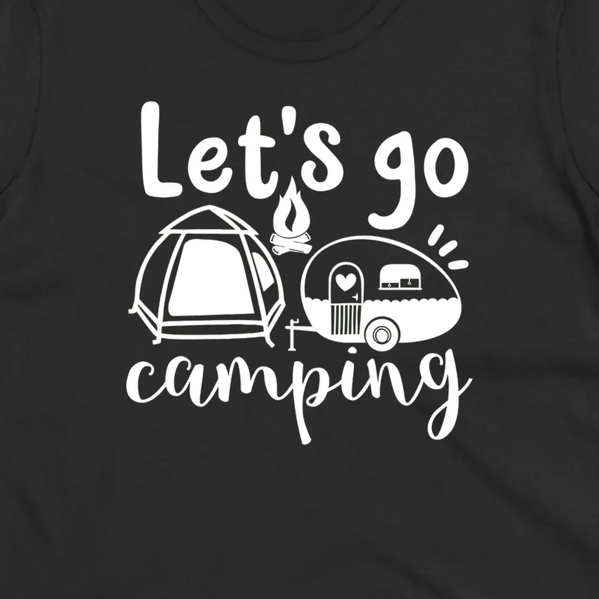 White illustration of a tent, campfire, and vintage trailer with 'Let's go camping' text on gray background