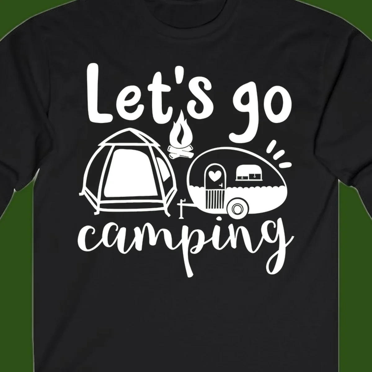 White illustration of a tent, campfire, and vintage trailer with 'Let's go camping' text on gray background