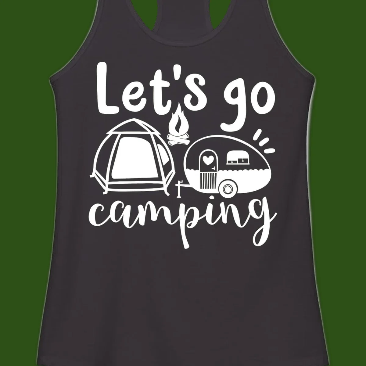 White illustration of a tent, campfire, and vintage trailer with 'Let's go camping' text on gray background