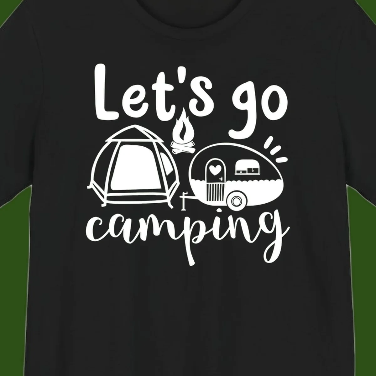 White illustration of a tent, campfire, and vintage trailer with 'Let's go camping' text on gray background