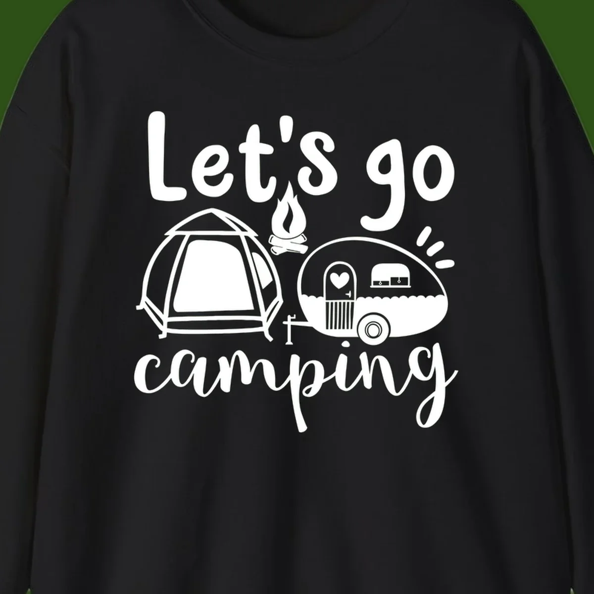 White illustration of a tent, campfire, and vintage trailer with 'Let's go camping' text on gray background