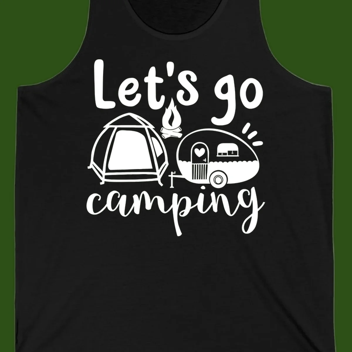 White illustration of a tent, campfire, and vintage trailer with 'Let's go camping' text on gray background
