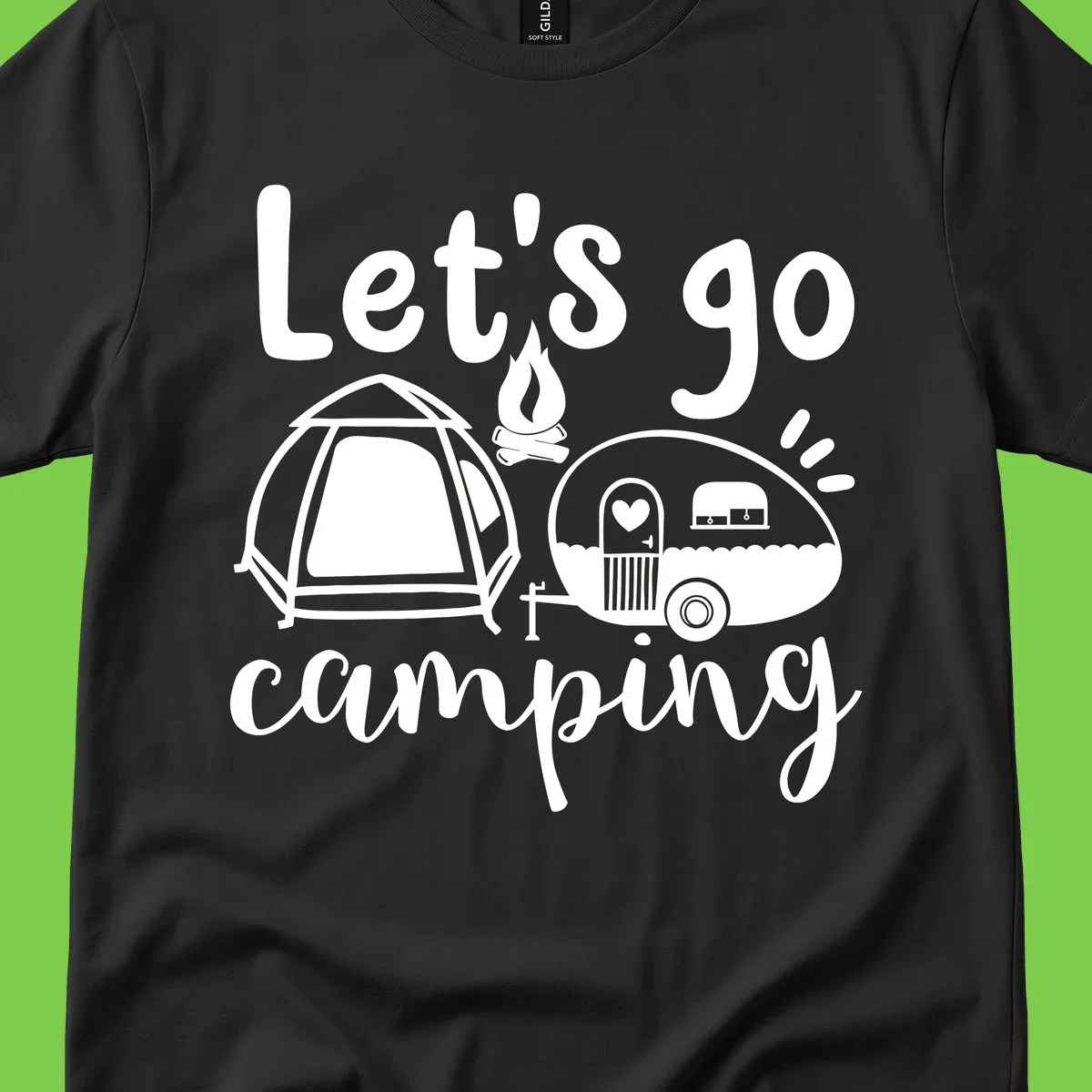 White illustration of a tent, campfire, and vintage trailer with 'Let's go camping' text on gray background
