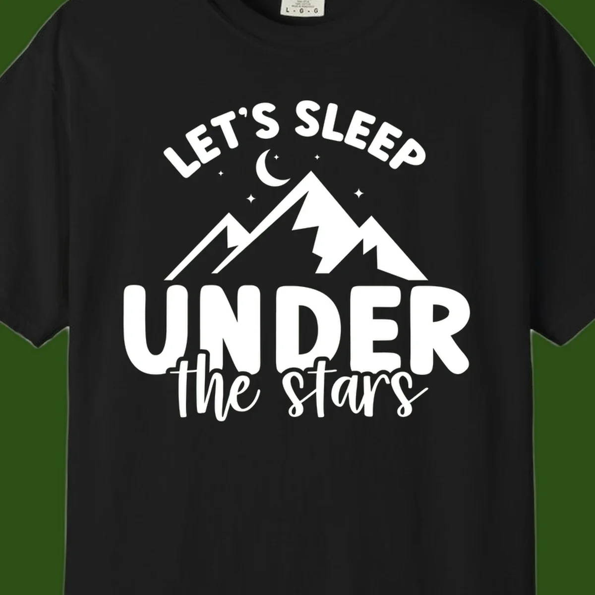White illustration of jagged mountains with lightning bolts under a crescent moon and stars, with text reading 'Let's Sleep Under the stars'