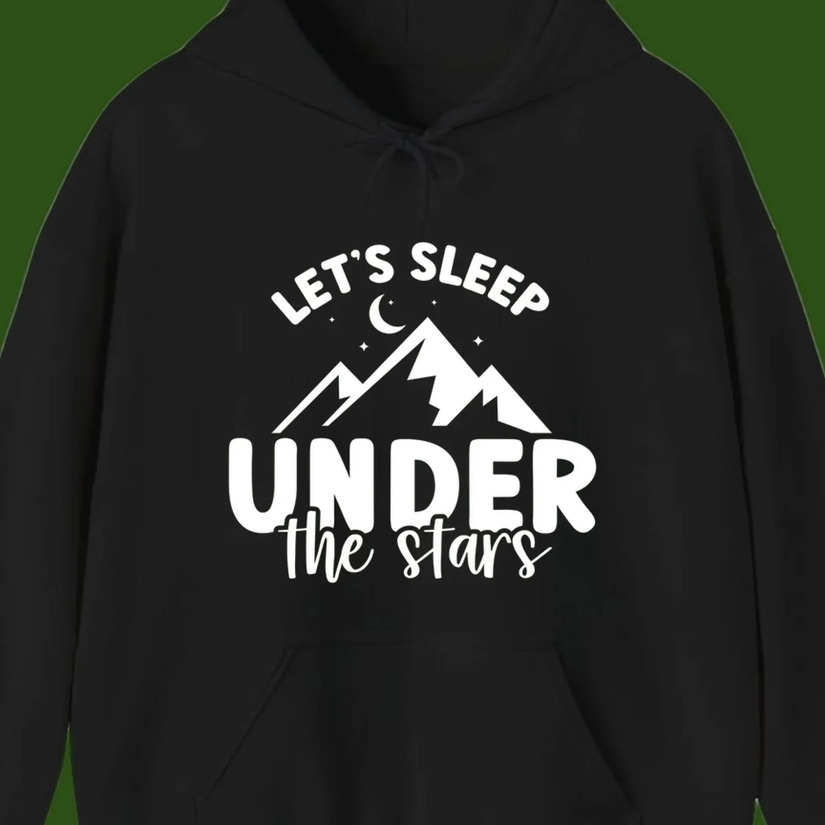 White illustration of jagged mountains with lightning bolts under a crescent moon and stars, with text reading 'Let's Sleep Under the stars'