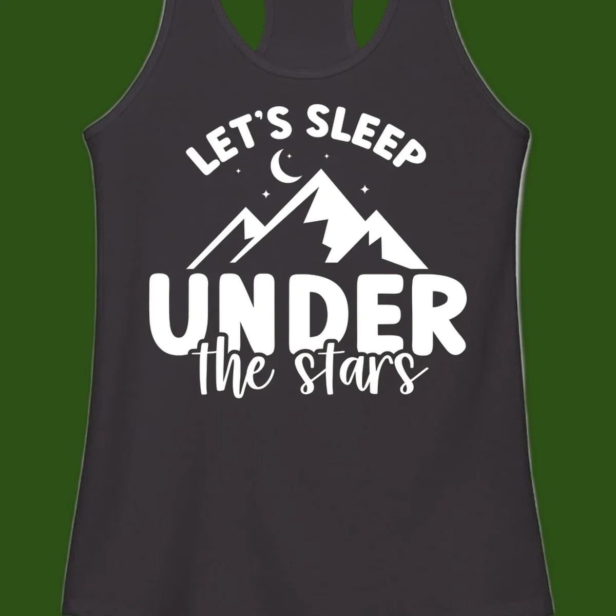 White illustration of jagged mountains with lightning bolts under a crescent moon and stars, with text reading 'Let's Sleep Under the stars'