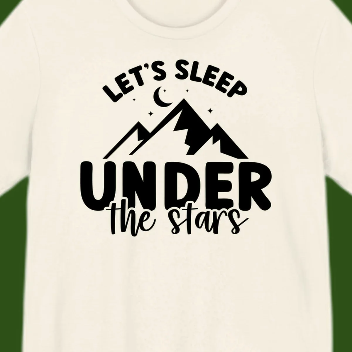 White illustration of jagged mountains with lightning bolts under a crescent moon and stars, with text reading 'Let's Sleep Under the stars'