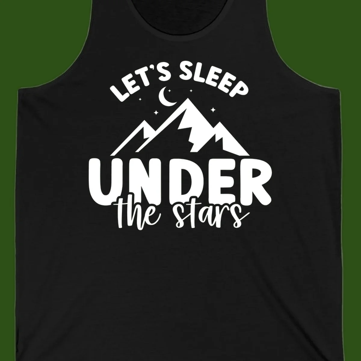 White illustration of jagged mountains with lightning bolts under a crescent moon and stars, with text reading 'Let's Sleep Under the stars'