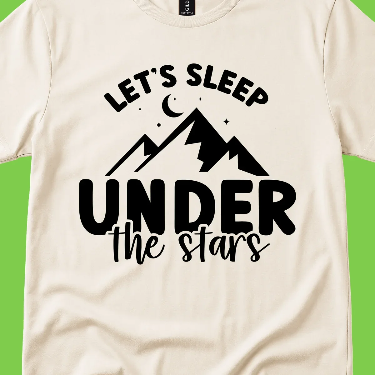 White illustration of jagged mountains with lightning bolts under a crescent moon and stars, with text reading 'Let's Sleep Under the stars'