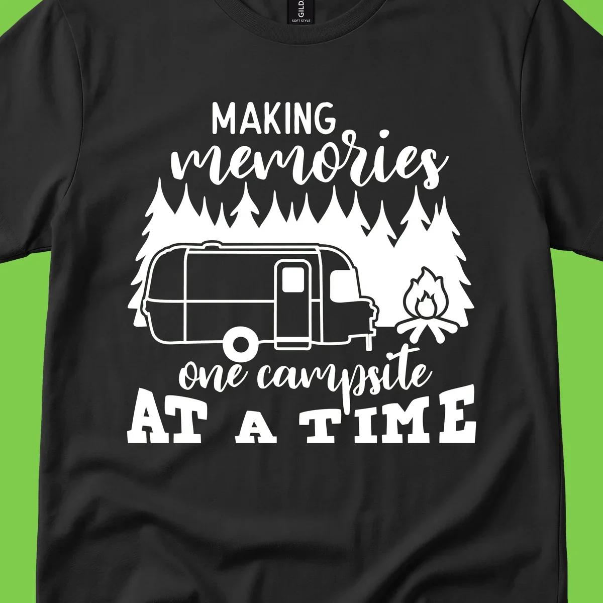 Vintage Airstream trailer parked among evergreen trees with a campfire, text reading Making Memories One Campsite At A Time