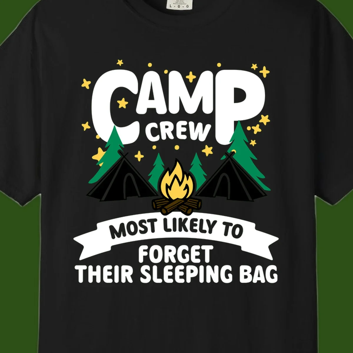 Camp crew most likely to forget sleeping bag design with campfire, tents, trees, and stars on gray background