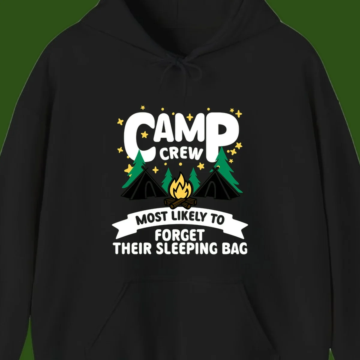 Camp crew most likely to forget sleeping bag design with campfire, tents, trees, and stars on gray background