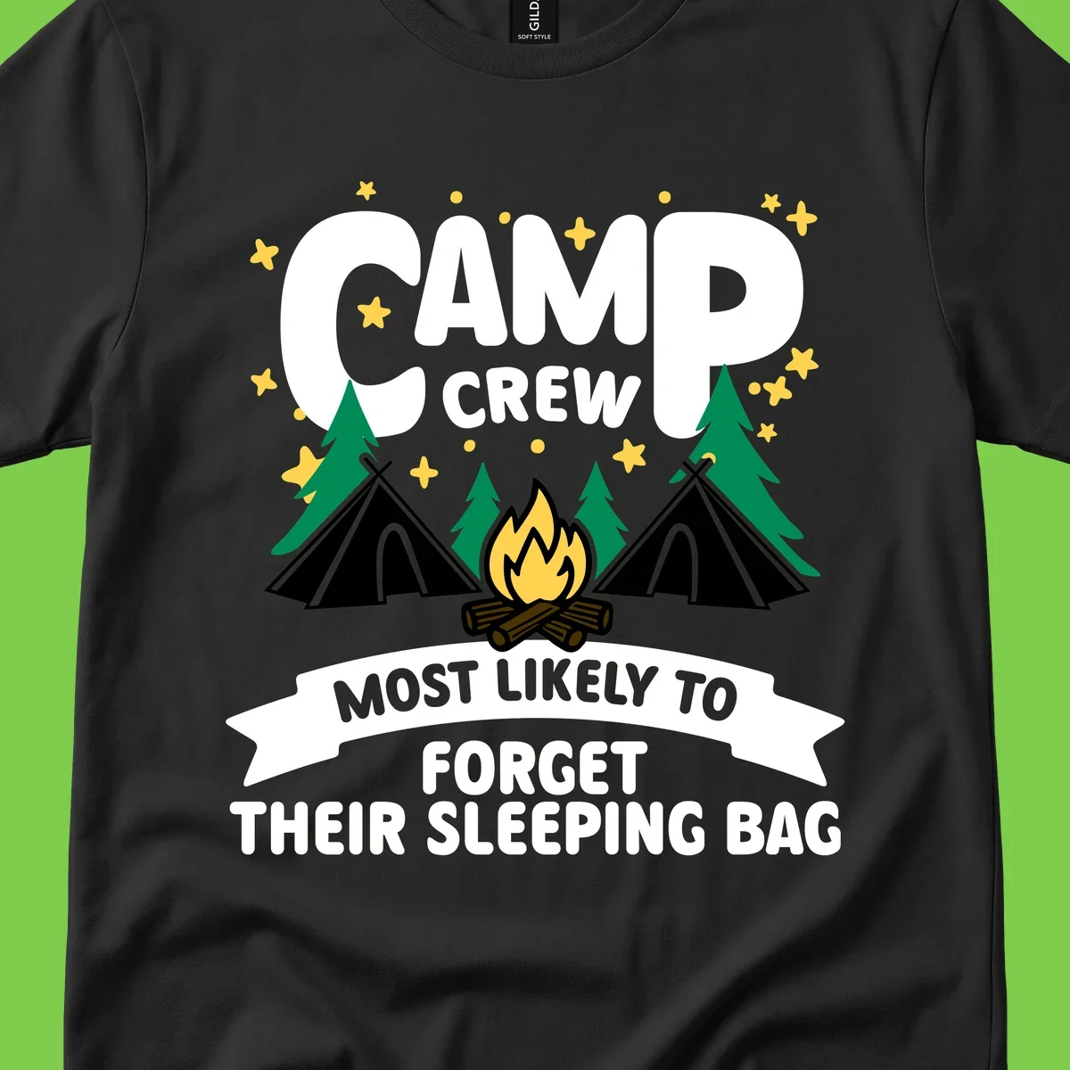 Camp crew most likely to forget sleeping bag design with campfire, tents, trees, and stars on gray background