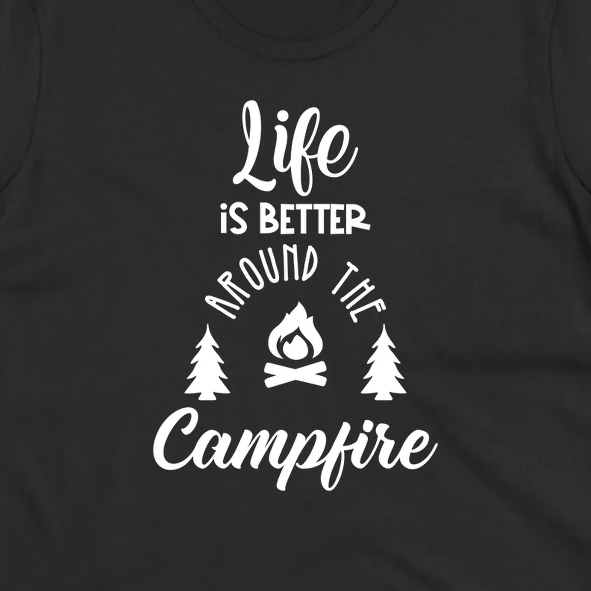 White lettering and campfire graphic with pine trees on gray background reading 'Life is better around the campfire'