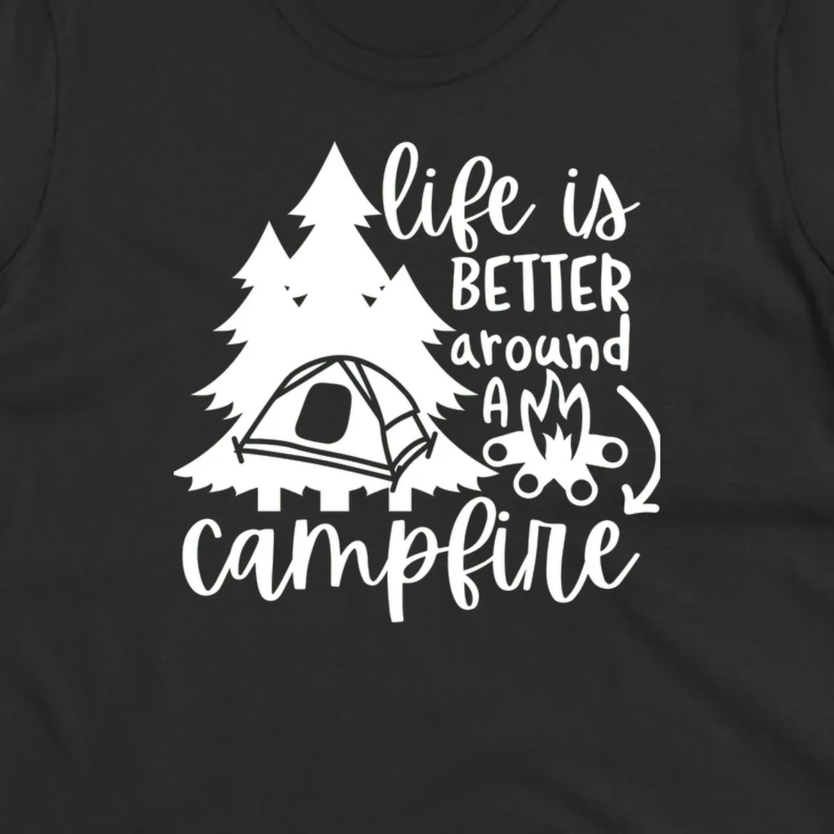 White illustration of evergreen trees, camping tent, and campfire with text reading 'life is better around a campfire' on gray background