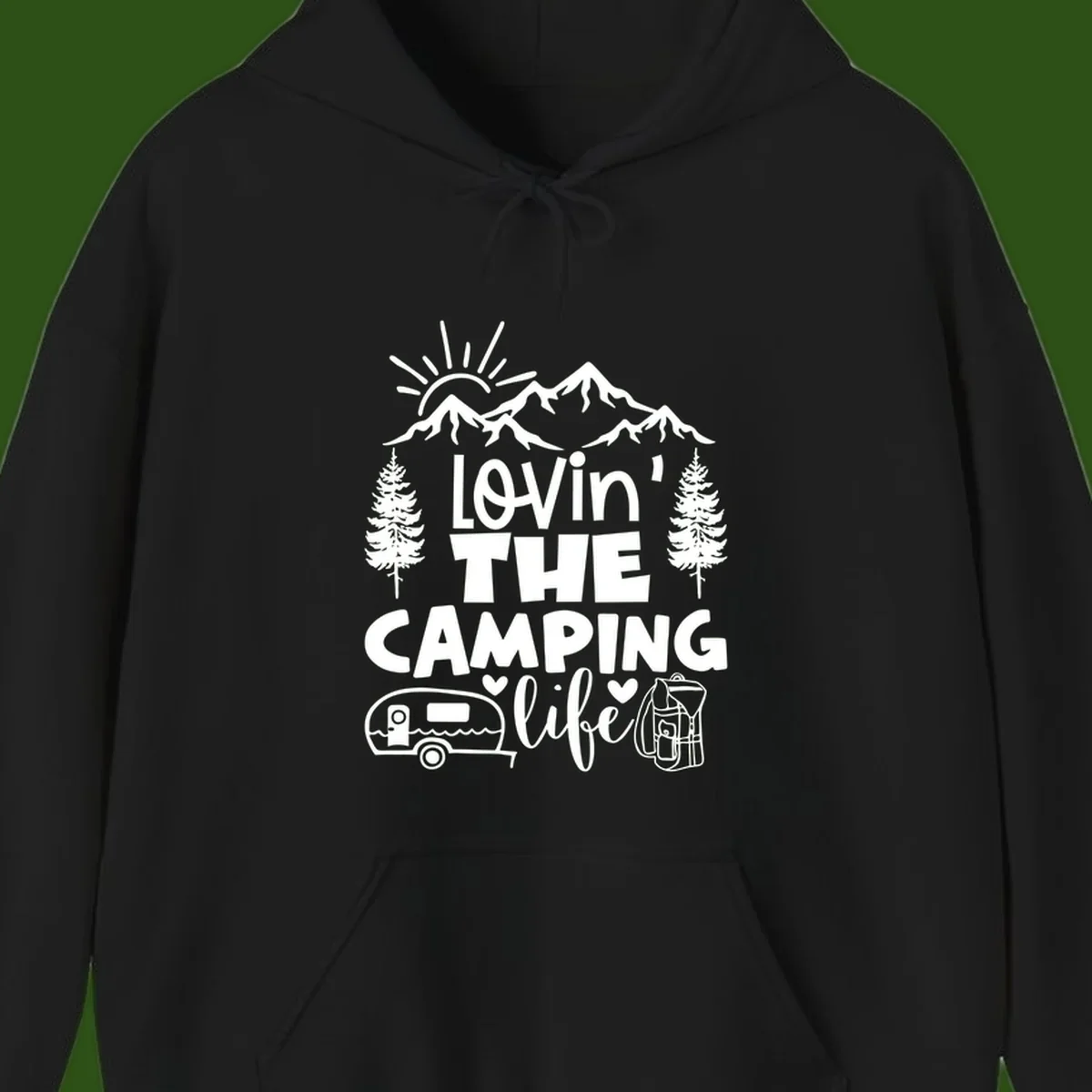 Lovin camping life design with mountains, sun, trees, RV and backpack on gray background