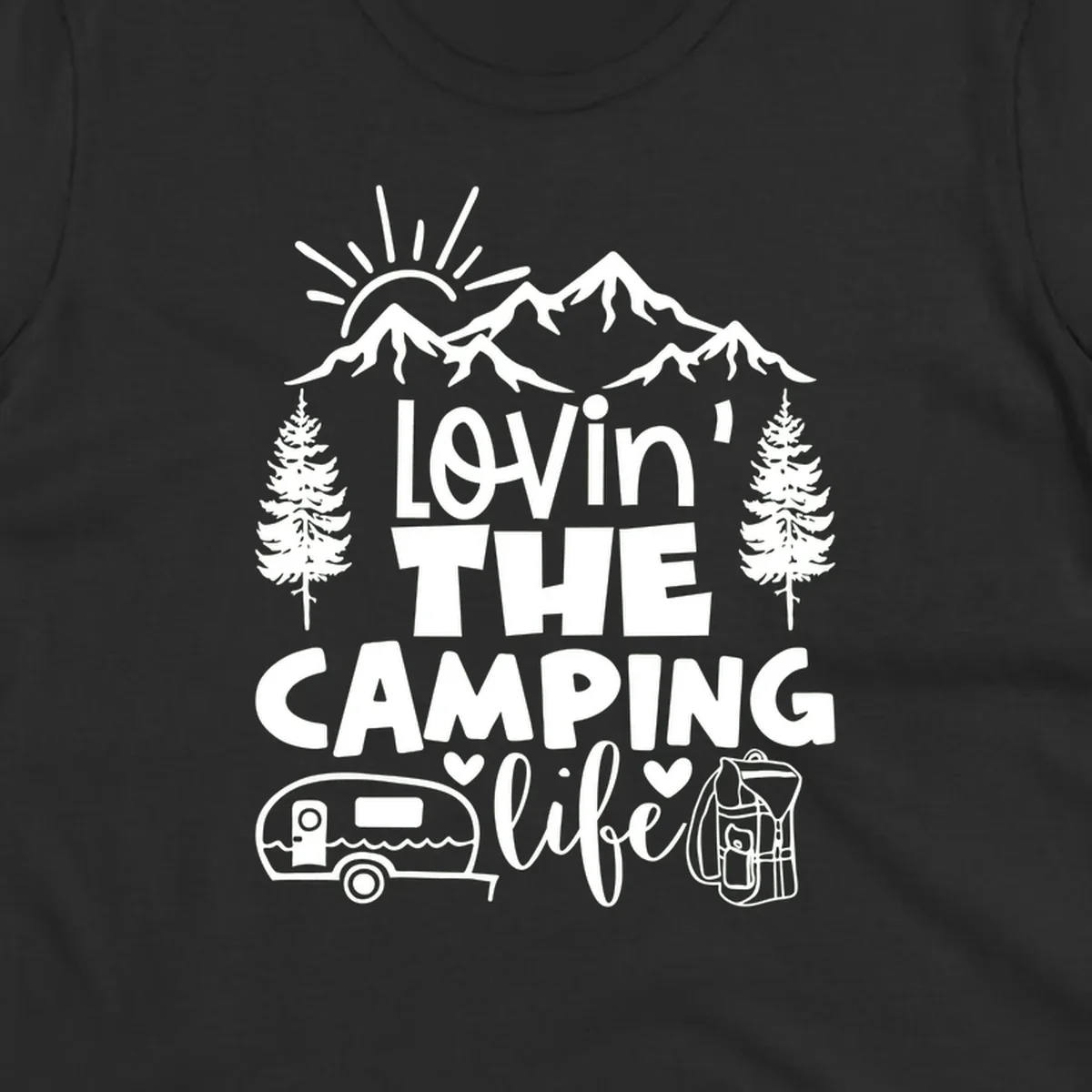 Lovin camping life design with mountains, sun, trees, RV and backpack on gray background