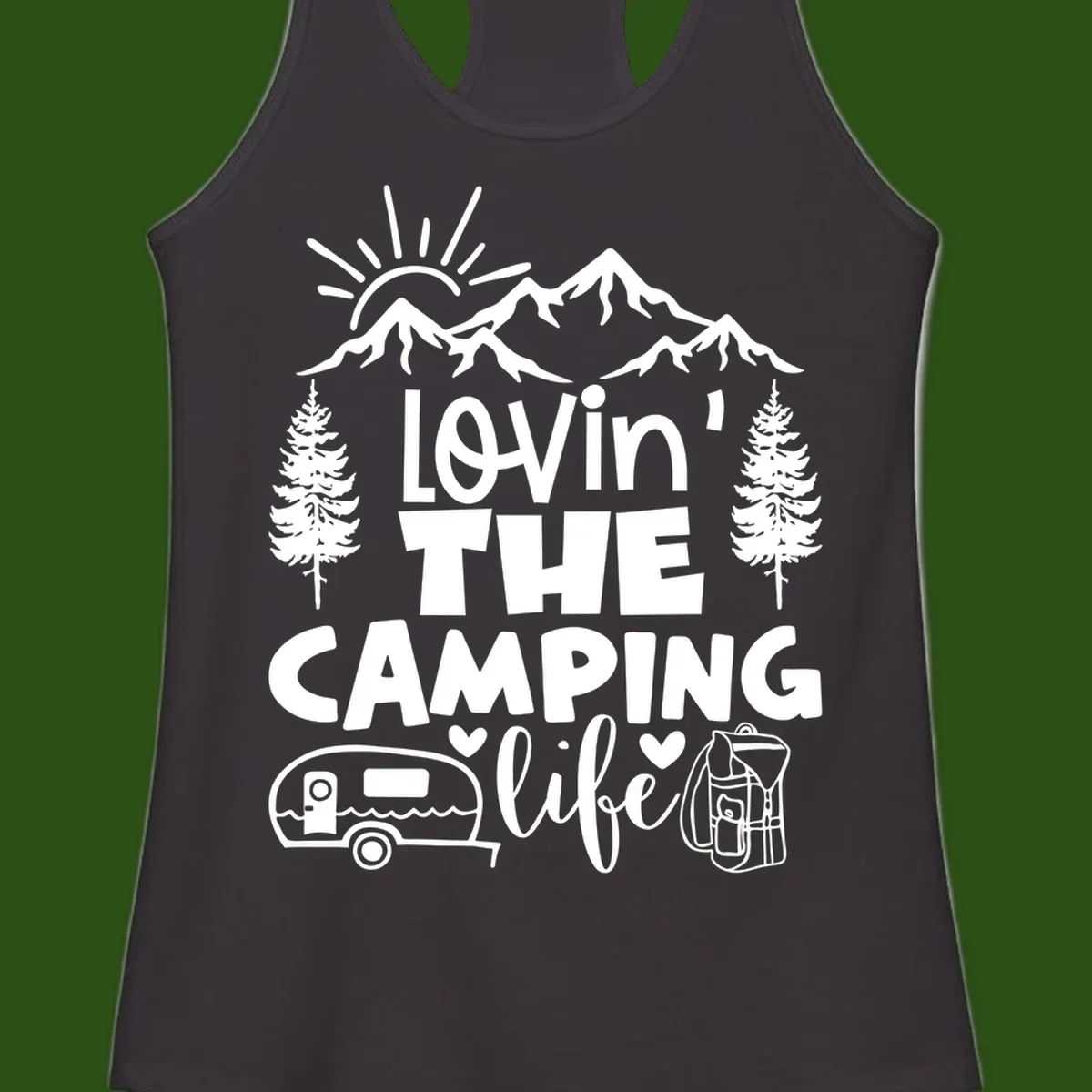 Lovin camping life design with mountains, sun, trees, RV and backpack on gray background