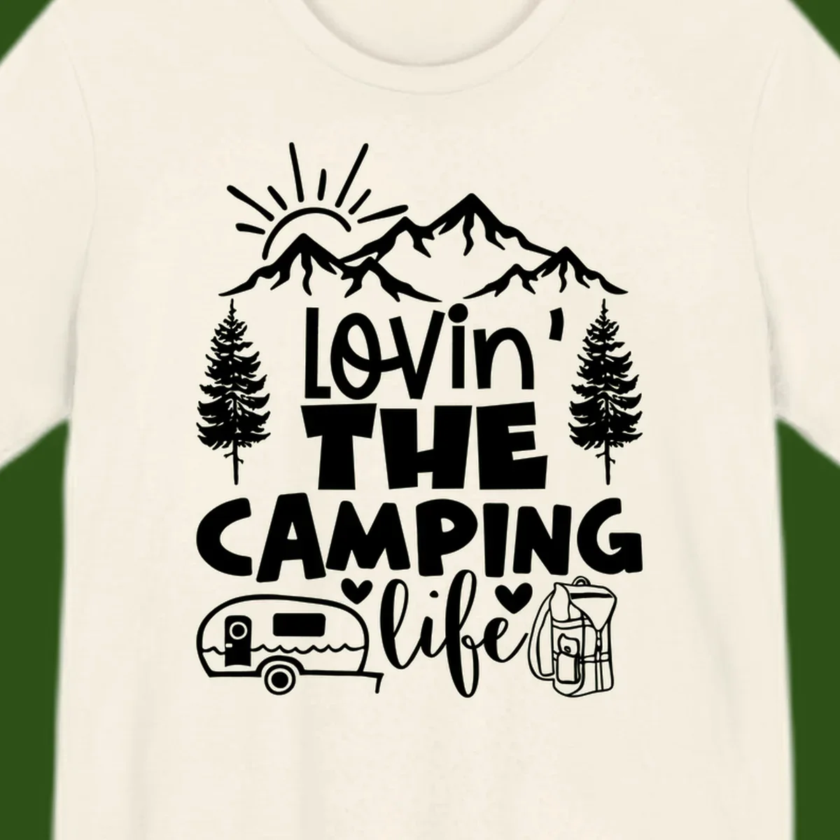 Lovin camping life design with mountains, sun, trees, RV and backpack on gray background