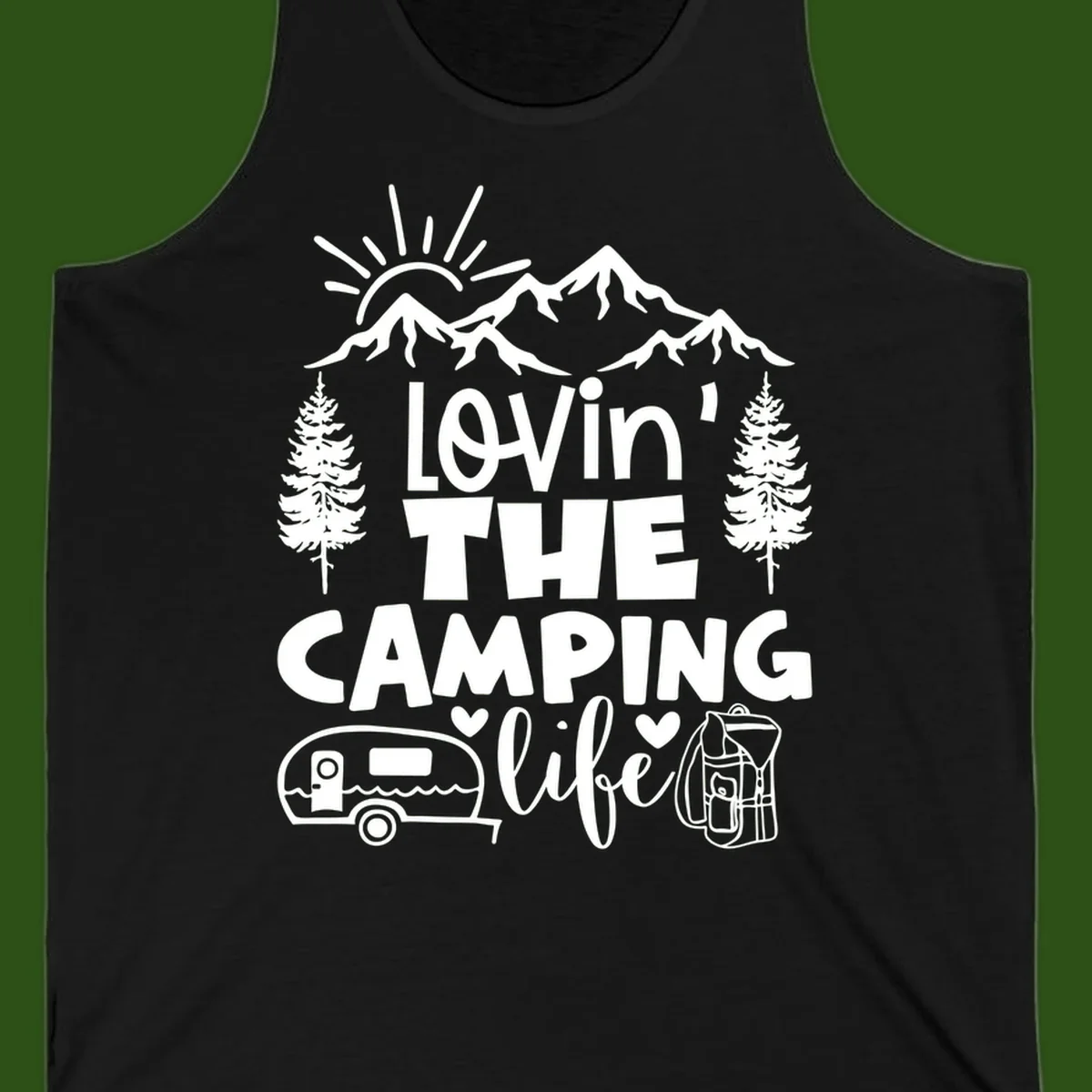 Lovin camping life design with mountains, sun, trees, RV and backpack on gray background