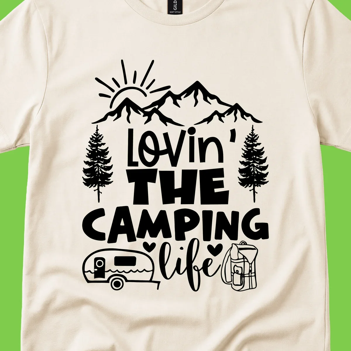 Lovin camping life design with mountains, sun, trees, RV and backpack on gray background