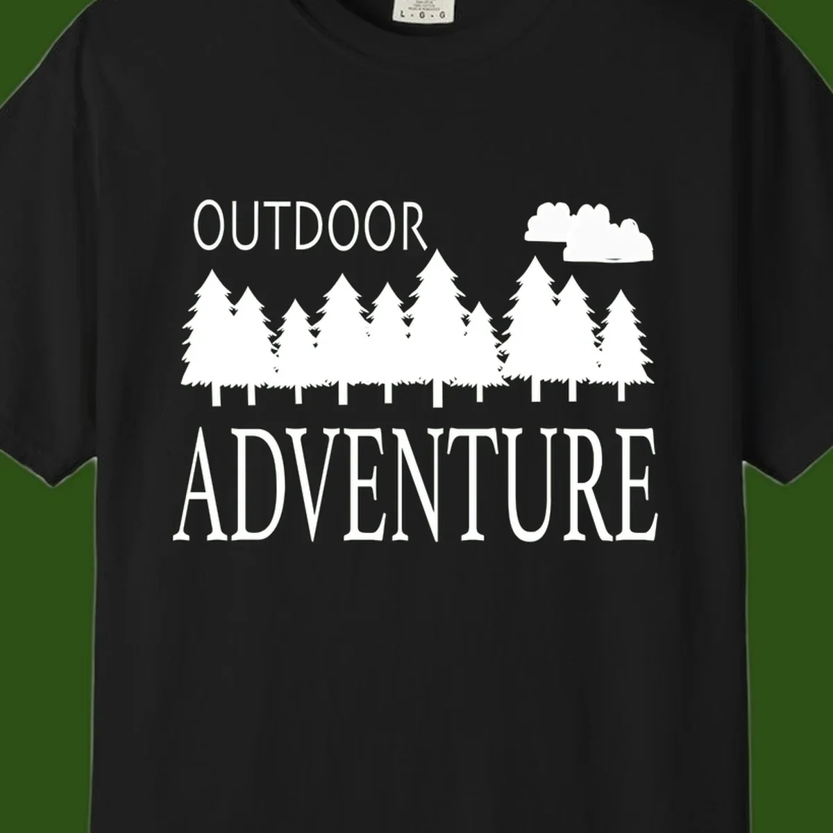 White silhouette of evergreen forest with cloud and bold text reading 'Outdoor Adventure' on gray background
