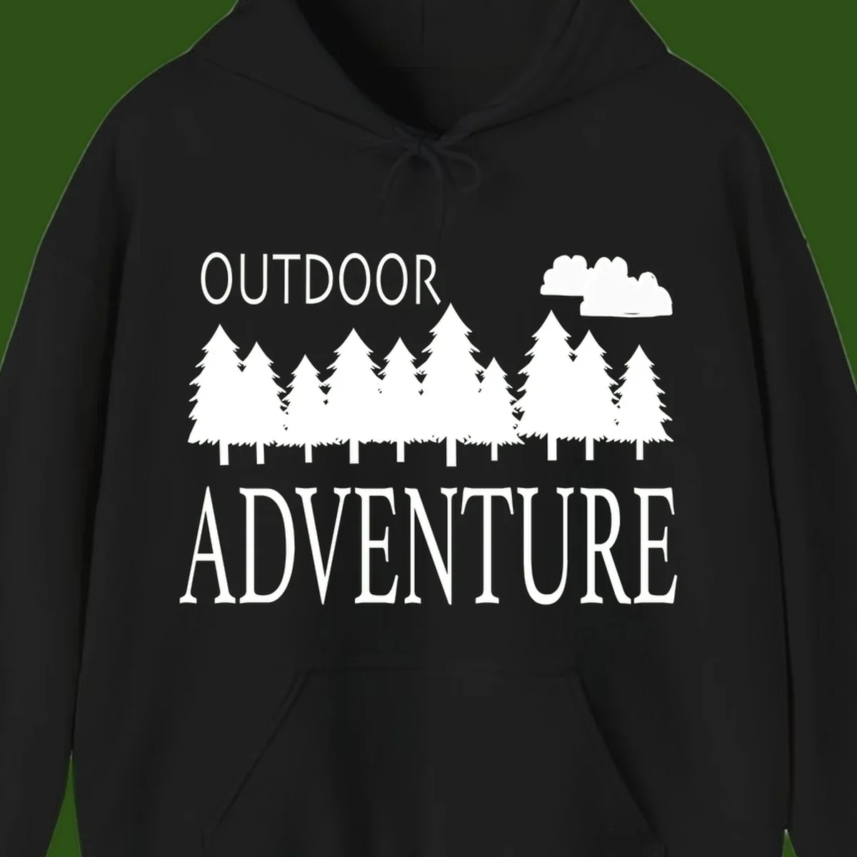 White silhouette of evergreen forest with cloud and bold text reading 'Outdoor Adventure' on gray background